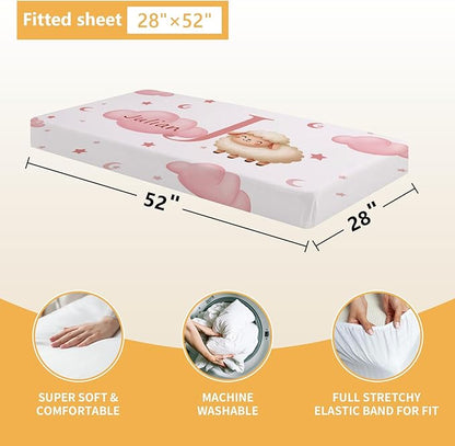 5 Piece Customized Crib Bedding Set for Baby Girls - Custom Name Baby Crib Pink Sheep Nursery Bedding Set with Soft Blanket, Fitted Sheet, Rug, Personalized Gifts for Toddler, Newborn, Infant