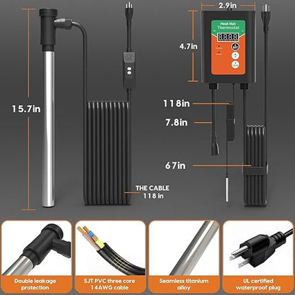 1500W Titanium Fully Submersible Portable Electric Immersion Large Pool & Hot Tub Water Heater with LCD Thermostat & GFCI Leakage Protection, Ideal for Baptistry, Bathtub, Bucket, Swimming Pool (GO)