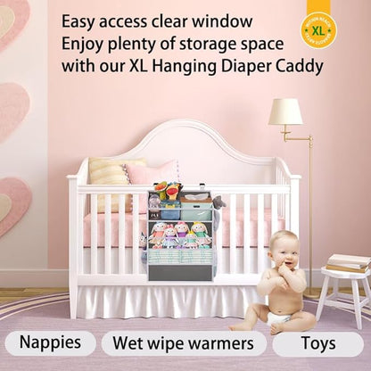 WishJazz XL Hanging Diaper Caddy Organizer for Changing Table, Crib, Playard, Wall & Door, Reinforced Diaper Stacker and Nursery Organizer-Hold 90+Diaper for Newborn Baby Essentials