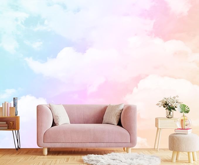 Rainbow Cloud Wallpaper for Kids Room Ceiling Sky Wall Mural for Girls Room Living Room Bedroom Dining Room Basement(Not Self-Adhesive)