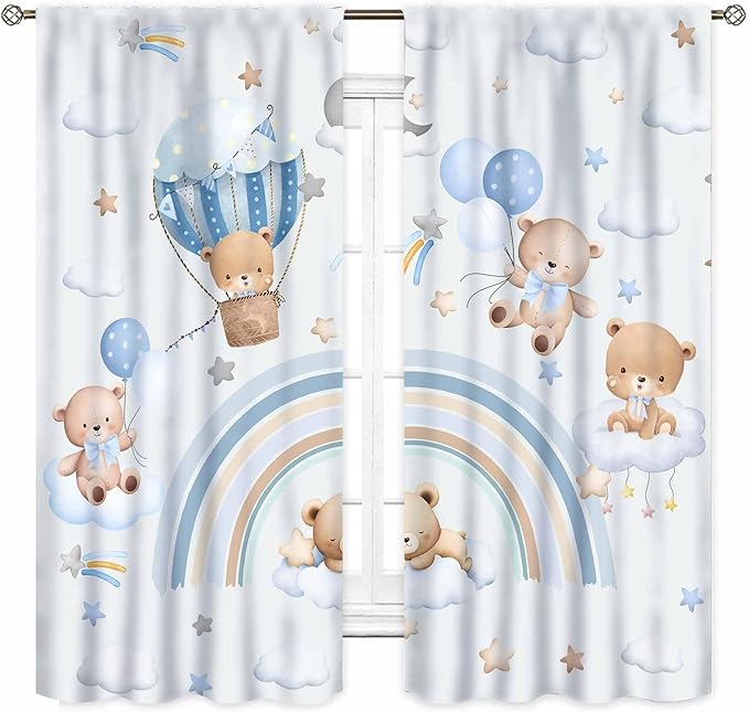 Bear Curtains for Kids Room, Baby Boys Girls Cute Lovely Bear Cloud Boho Rainbow Pastel Blue Window Drapery Treatments for Living Room Bedroom Nursey Toddler Classroom 2 Panels, 55"x63" Inch