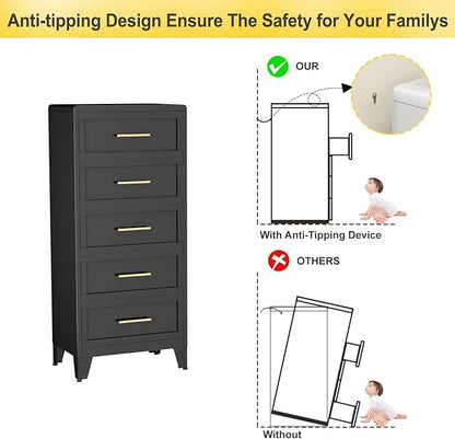 5 Drawers Dresser for Bedroom, 53.46" Tall Metal Dressers & Chest of Drawer Curved Corner Design, Storage Organizer Drawer Chest with Large Capacity for Living Room, Entryway, Hallway, Black