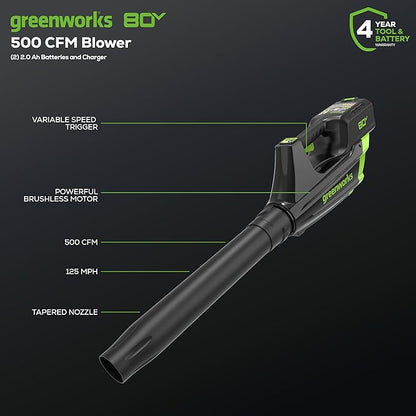 Greenworks 80V 21” Brushless (Push) Cordless Electric Lawn Mower + (500 CFM) Axial Leaf Blower (75+ Compatible Tools), (2) 2.0Ah Batteries and 30 Minute Rapid Charger