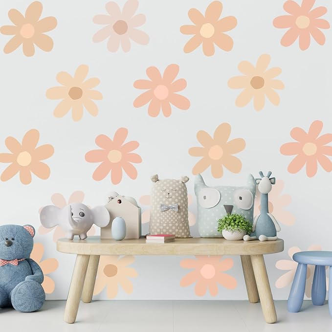 TaoBary 12 Sheets Daisy Wall Decal Flower Wall Sticker Cute Daisy Sticker Pink White Flower Decal Peel and Stick Floral Wallpaper for Nursery Bedroom Home Decor(Light Color,Bobo Style)