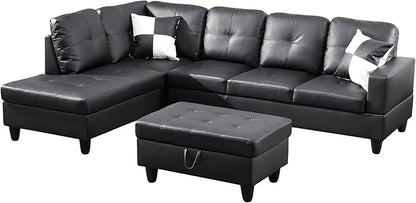 Osparple L Shaped Couch Faux Leather Sectional Couches for Living Room Upholstered 3 Pieces Modular Sectional Sofa with Chaise, Ottoman with Storage for Living Room and Small Apartment, Black