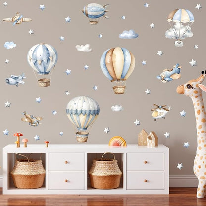 Watercolor Hot Air Balloon Wall Stickers, Hot Air Balloon Airplane Clouds Vinyl Wall Decals, Removable DIY Wall Art for Kids Bedroom Playroom Toddler Room Decor