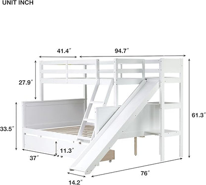 Twin Over Full Bunk Bed with 2 Drawers and Slide, Wood Bunk Bed Frame with Shelves and Ladder, Space Saving Design Bunk Bed for Kids Teens Boys Girls (White-x32c)
