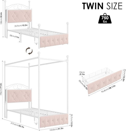Twin Upholstered Canopy Bed Frame with Drawer & Crystal Tufted Storage Headboard Two-Purpose Metal Platform Bed with 4 Removable Posts & Charging Station Pink Princess Bed, Curtain Not Included
