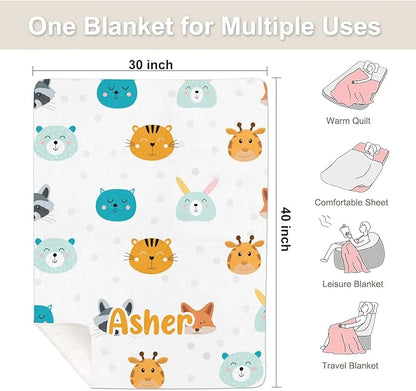 Cute Animal Rabbit Fox Personalized Receiving Sherpa Fleece Baby Blankets for Girls Boys Kids, Swaddle Blankets Gift for Newborn Crib Infants 30x40 Inches