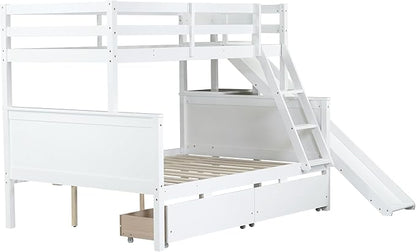 Twin Over Full Bunk Bed with 2 Drawers and Slide, Wood Bunk Bed Frame with Shelves and Ladder, Space Saving Design Bunk Bed for Kids Teens Boys Girls (White-x32c)