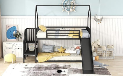 MERITLINE Metal Bunk Bed Twin Over Twin Bunk Bed Frame with Slide and Stairway,Twin Over House Bed with Guardrails
