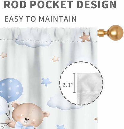 Bear Curtains for Kids Room, Baby Boys Girls Cute Lovely Bear Cloud Boho Rainbow Pastel Blue Window Drapery Treatments for Living Room Bedroom Nursey Toddler Classroom 2 Panels, 55"x63" Inch