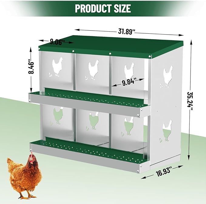 Chicken Nesting Box, Heavy-Duty Metal Chickens Laying Boxes with 6 Compartments, Large Vented Holes Hens Laying Box, Chicken Coop with Rollout Egg Collection, Wall Mount - Green