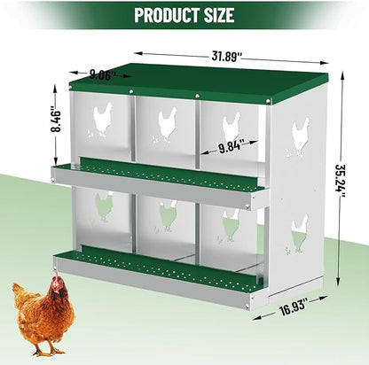 Chicken Nesting Box, Heavy-Duty Metal Chickens Laying Boxes with 6 Compartments, Large Vented Holes Hens Laying Box, Chicken Coop with Rollout Egg Collection, Wall Mount - Green