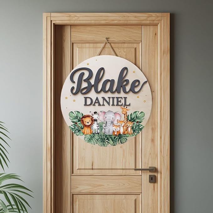 Personalized Name Sign for Nursery, Woodland Animals Sign for Baby Door Decor, Newborn Gifts for Boy, Boys Nursery Wall Bedroom Decorations, Mother's Day Gifts for New Mom Dad Gift
