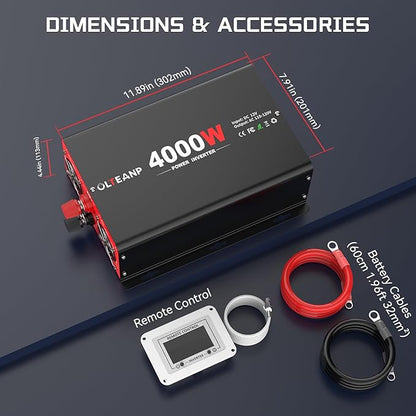 4000 Watt Power Inverter 12V DC to 110V AC Car Inverter with 4 AC Outlets, 30W Type-C Port, 3.1A USB Port, Remote Controller on LCD Screen, Peak 8000W Car Converter for Truck,Vehicles,Trip
