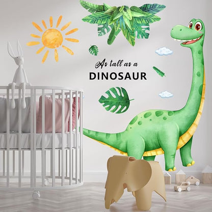 Large Dinosaur Wall Decals Removable Self-Adhesive Dino Mural with Palm Leaves Sun, Watercolor Kids Wall Stickers for Nursery Bedroom Playroom Boys Room Decor in Green and Yellow