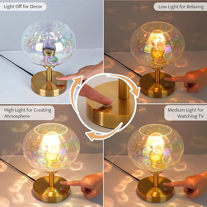 Touch Control Hammered Glass Table Lamp Brass Gold Portable Dimmable Brightness