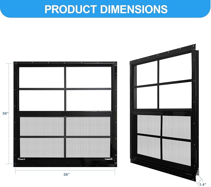 NeatiEase 2 Pack Shed Windows with Black Frame, 36 x 36 Flush Mount Small Window with Tempered Glass and Fiberglass Screen for Shed, Chicken Coop, Playhouse, Household, Garage