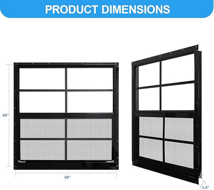 NeatiEase 2 Pack Shed Windows with Black Frame, 36 x 36 Flush Mount Small Window with Tempered Glass and Fiberglass Screen for Shed, Chicken Coop, Playhouse, Household, Garage