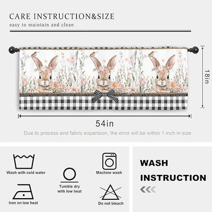 Miyotaa Easter Rabbit Bunny Kitchen Curtain Valance 54W x 18H Rod Pocket Plaid Buffalo Spring Flower Floral Window Treatment for Living Room Bedroom Bathroom
