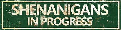 Vintage Tin Sign Retro Metal Shenanigans In Progress Signs for Home Decor Stylish Wall Art Plaques Ideal Gift for Home Bathroom Kitchen and Gothic Wall Decor in Every Room 16x4in
