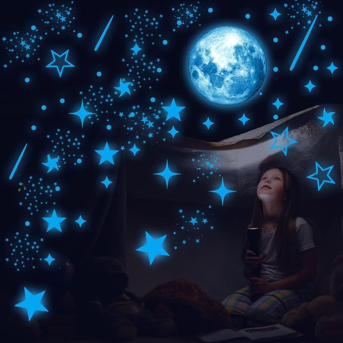Glow in The Dark Stars for Ceiling, Starry Sky Stars and Moon Wall Decals, Space Solar System Galaxy Planets Wall Decors, for Kids Nursery Bedroom Living Room, Birthday Party Christmas