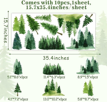 Watercolor Pine Tree Wall Decals Green Pine Tree Wall Sticker Large Tree Wall Decals Nature Woodland Forest Tree Wall Stickers for Nursery Bedroom Living Room Decor