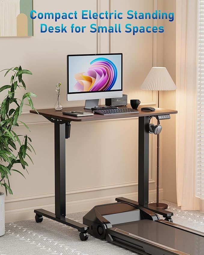 Small Height Adjustable Electric Standing Desk, 31.5" x 23.6" Sit Stand up Desk with Splice Board, Ergonomic Rising Computer Home Office Desk Table with Memory Preset, Black Frame/Walnut Top