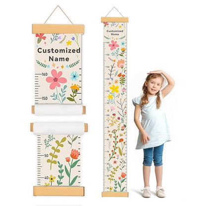Personalized Name Growth Chart for Wall, Painted Plants Canvas Height Chart for Kids Baby Child Toddler, Canvas Growth Chart for Wall Nursery Decor, Hangable & Waterproof