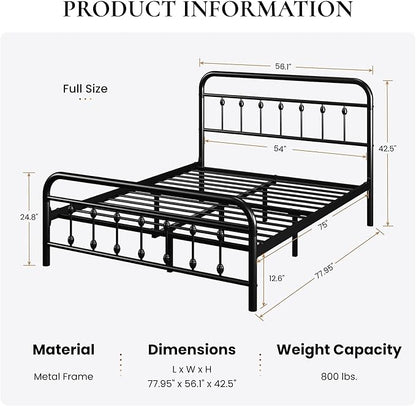 SHA CERLIN Full Size Metal Platform Bed Frame with Victorian Style Iron-Art Headboard and Footboard, Easy Assembly, Under Bed Storage, No Box Spring Required, Black