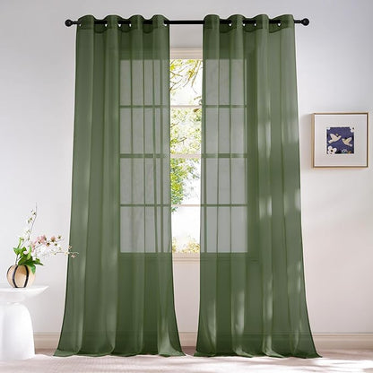 NICETOWN Forest Green Sheer Curtains 96inches Long for Living Room, Grommet Voile Sheer Light Filtering Window Treatments for Bedroom, Sage Green, W54 x L96, Set of 2