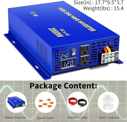 2000 Watt Pure Sine Wave Inverter 24V DC to 110v 120V AC, 2000W Car Power Invert Surge 4000W Power Converter for Solar System. (2000W 24V 120V) Blue