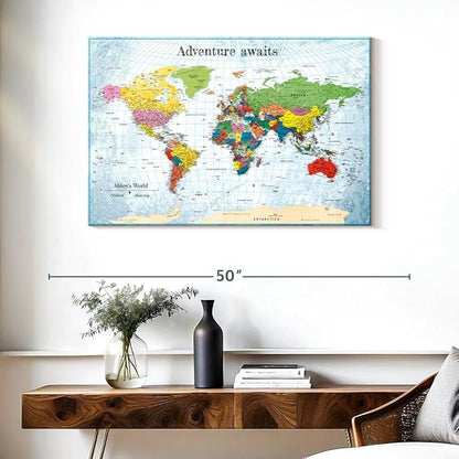 ElephantStock - Personalized Adventure Awaits IV Push Pin World Map Wall Art - Horizontal Canvas Wall Art - Living Room Wall Decor - Digital Art Map Canvas Art - Blue And Green Decor - 39" x 26"