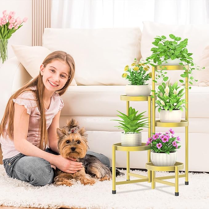 iDavosic.ly Plant Stand Indoor Outdoor, 5 Tier Corner Metal Flower Display Holder Shelf, Folding Tall Orchid Rack for Patio Balcony Porch Garden Living Room House, Gold