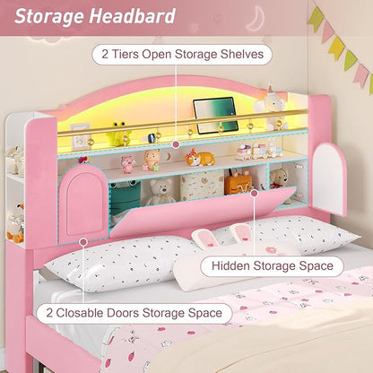 Queen Bed Frame with Storage Headboard, Platform Bed Frame Queen Size with Charging Station&LED Lights,Velvet Princess Bed for Girls/Kids, No Box Spring Needed/Noise-Free/Easy Assembly,Pink