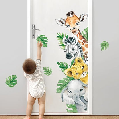 Tanlaby Jungle Animal Wall Stickers Cartoon Animal Wall Decals Giraffe Zebra Elephant Green Leaves Wall Art for Kids Baby Nursery Bedroom Playroom Decor，Right