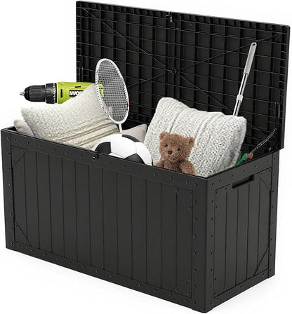 100 Gallon Resin Deck Box, Waterproof Outdoor Storage Bin for Patio Furniture, Pool Accessories, and Garden Tools, Lockable & UV-Resistant, Black