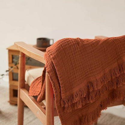 Simple&Opulence Cotton Muslin Throw Blanket for Bed, Couch, Knit Woven Gauze Blanket with Tassels, Soft Lightweight Cozy Pre-Washed Breathable Farmhouse Decoration for All-Season (Rust Orange)