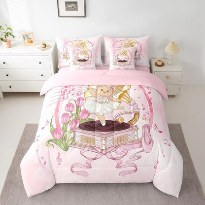 Ballerina Bear Kids Comforter King Size,Record Player Music Note Ballet Shoe 7 Pcs Bedding Set,Bowknot Bow Tie Princess Room Decor,Pink Romantic （Fitted+Sheet+2 Pillowcases+2 Throw Pillow Covers）