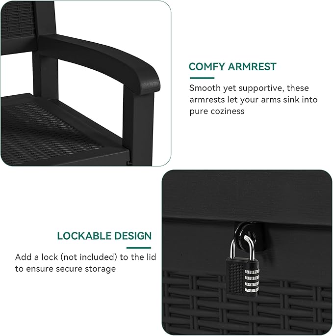 YITAHOME 70 Gallon Deck Bench with Storage, Outdoor Storage Box Bench with Armrests for Patio Garden Pool Porch, Waterproof&Lockable, Black