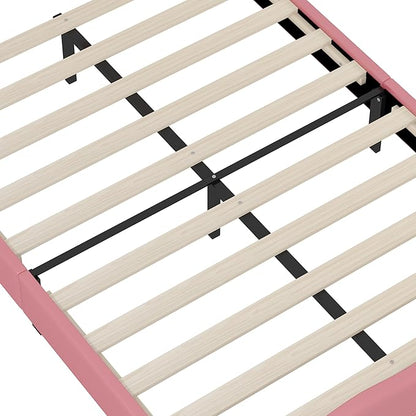 Bellemave Full Size Princess Bed Frame with Lovely Crown Shaped Headboard for Girls,Upholstered Platform Bed with Slats Support,Twin Girls Bed,Pink Cream