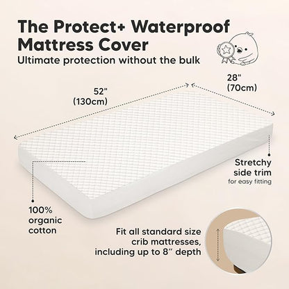 Waterproof Crib Mattress Protector Cover Fitted - 2-Pack Quiet Baby Crib Mattress Pad Sheets, 52" x 28" Soft Quilted Cotton Baby Sheet, Machine Washable, Easy Fit, Durable (Soft White/Quin)