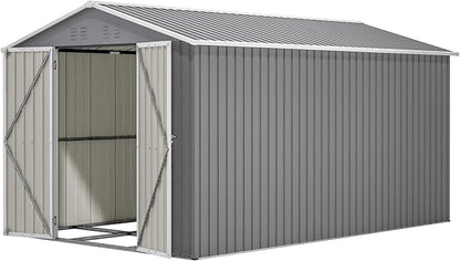 8×12 FT Storage Shed with 1 Lockable Door and Vents,Metal Aluminum Waterproof Tool Sheds,Heavy-Duty Sheds Unit W/Floor Frame,Lock & Key,Garden Shed for Storing Bicycles,Barbeques,Gray