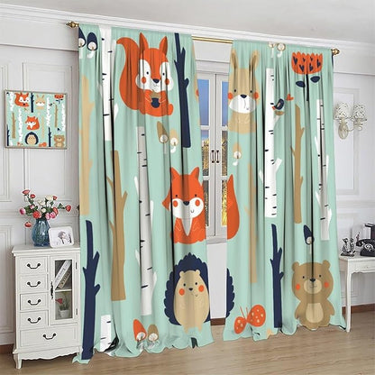 Cute Animals Curtains, Cartoon Fox Hedgehog Hare Forest Trees Window Treatments, Rod Pocket Thermal Insulated Drapes 2 Panel Sets for Kids Bedroom Nursery Classroom, 42" W X 45" L【Decor】