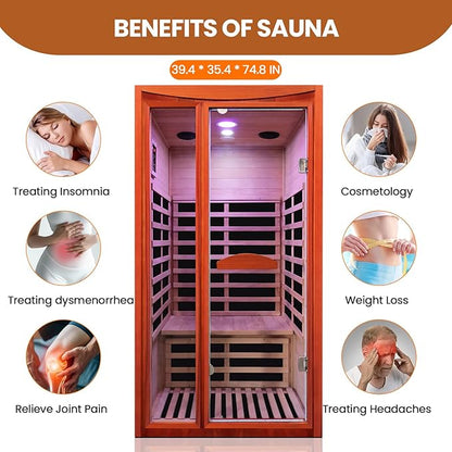 Sauna, Far Infrared Saunas for Home Room 1550W/110V Indoor Sauna for Single Person Okoume Wood Sauna Spacious 1 - 2 Person Low EMF Dry Sauna with Speakers/Air Hole and Color Lighting 39.4*35.4*74.8 IN