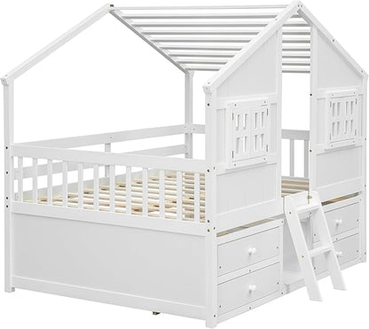 Harper & Bright Designs Full Size House Loft Bed with 4 Storage Drawers, Low House Montessori Bed with Roof and Windows, Safety Guardrails for Kids, Girls, Boys, White
