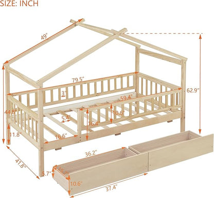 Merax Twin Size Wooden House Bed with Two Drawers, Wood Bed Frame with Roof and Safety Guardrail for Kids, Teens, Boys or Girls, Natural
