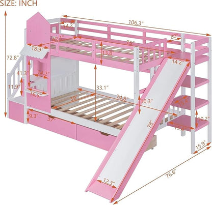 MERITLINE Twin Over Twin Castle Bunk Bed with Slide,Stairs and Drawers,Solid Wood Floor House Princess Bunk Bed with Storage Shelves (Pink)