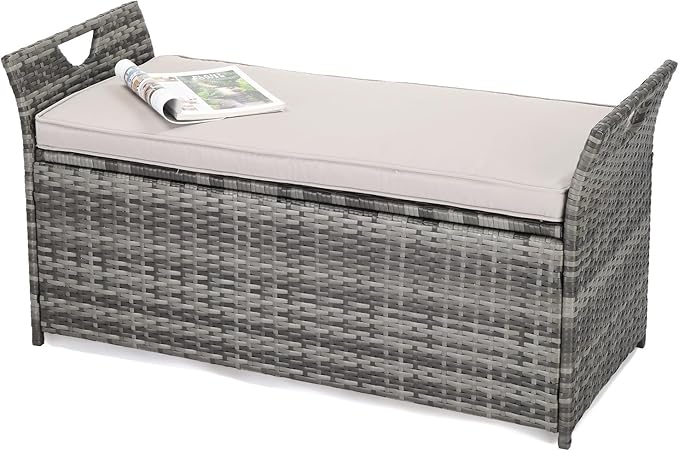 VINGLI 40 Gallon Outdoor Storage Bench with Cushion, Rattan Storage Box, Patio Wicker Deck Box with Seat for Garden | Balcony | Porch | Pool | Yard (Grey Frame + Light Grey Cushion)